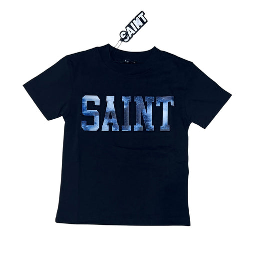 Saint T-Shirt Premium 100% Cotone Da Bambino Scritta in Rilievo Effetto Jeans