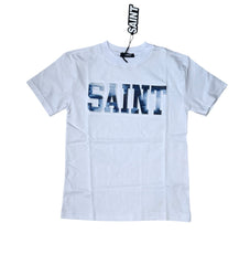 Saint T-Shirt Premium 100% Cotone Da Bambino Scritta in Rilievo Effetto Jeans