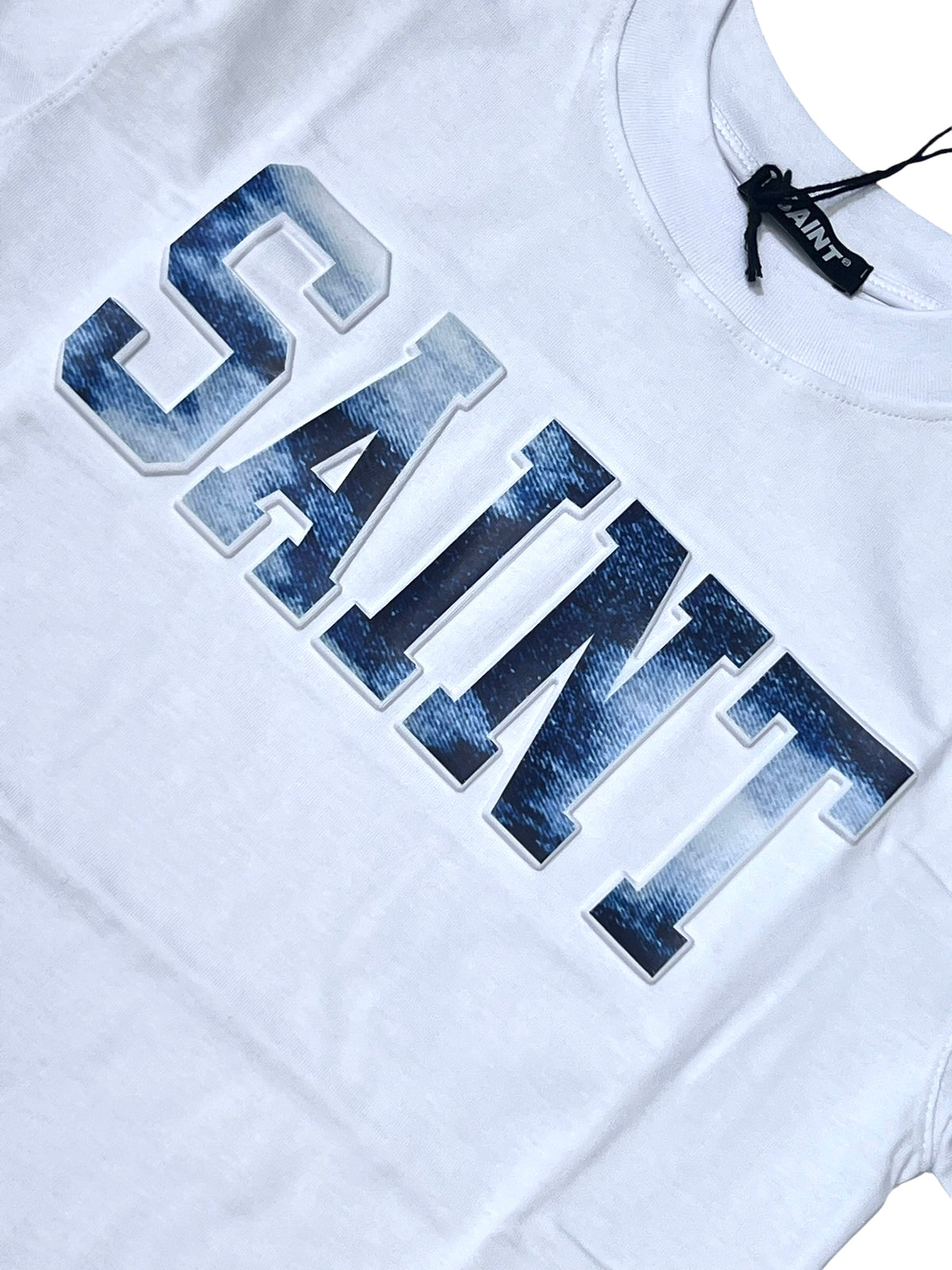 Saint T-Shirt Premium 100% Cotone Da Bambino Scritta in Rilievo Effetto Jeans