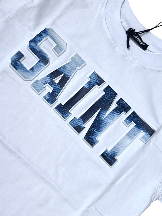 Saint T-Shirt Premium 100% Cotone Da Bambino Scritta in Rilievo Effetto Jeans