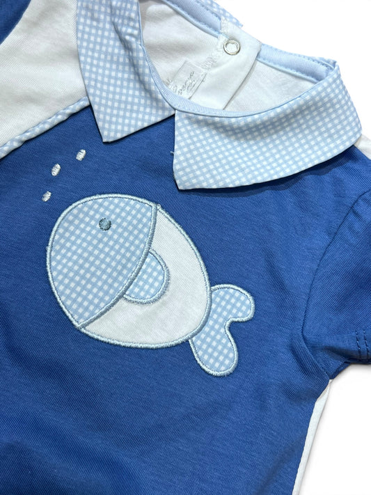 Les Jolies Pagliaccetto Maschietto Ricamo Pesciolino 100% Cotone