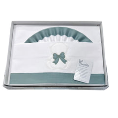 Ornella Coordinato Carrozzina 100% Cotone Ricamo Orso Fiocco Lenzuola Sopra Sotto e Federa