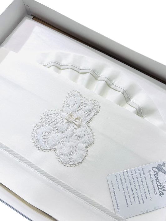 Ornella Coordinato Carrozzina 100% Cotone Orso in Pizzo Lenzuola Sopra Sotto e Federa