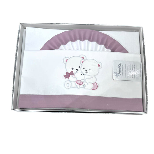 Ornella Coordinato Carrozzina 100% Cotone Ricamo Orsetti Lenzuola Sopra Sotto e Federa