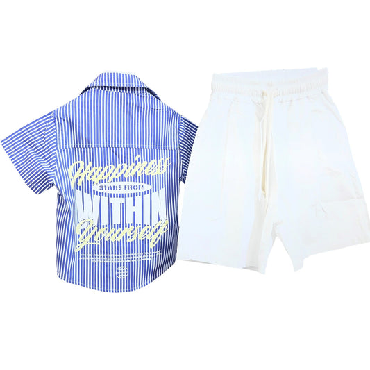 Just West Camicia Mezza Manica  Rigata Con Stampa Retro 100% Cotone
