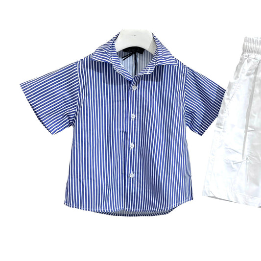 Just West Camicia Mezza Manica  Rigata Con Stampa Retro 100% Cotone