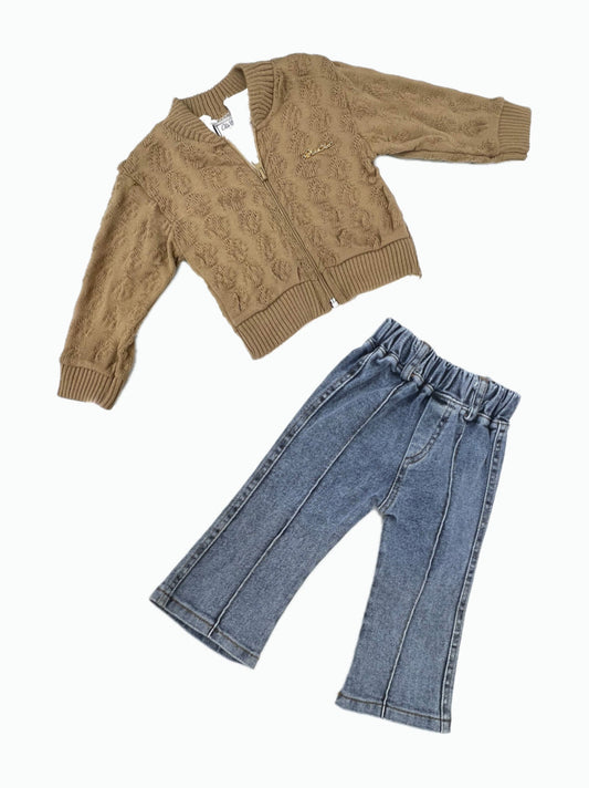 Completo Tre Pezzi Neonata Cardigan Maglia Jeans Zampa Invernale