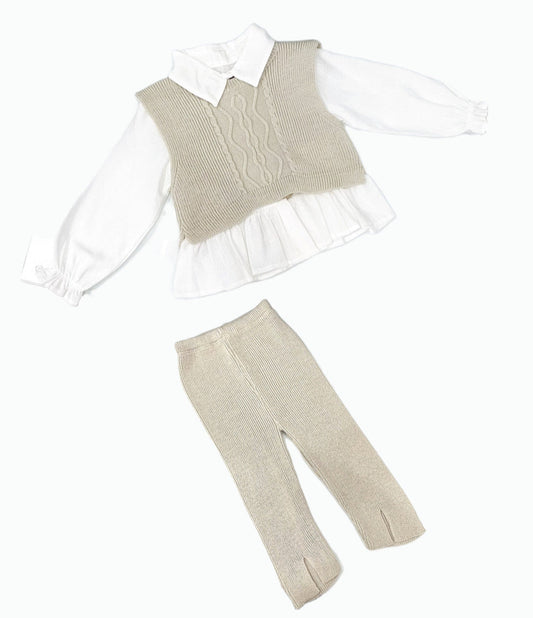 Completo Lana Tre Pezzi Neonata Gilet Camicia Pantalone
