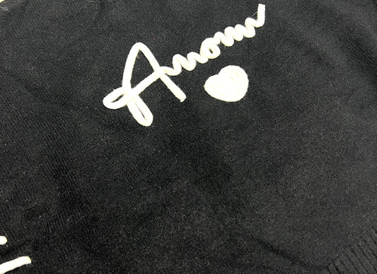 Pullover Lana Rasata con Maniche a Sbuffo Con Ricamo Amour Da Bambina