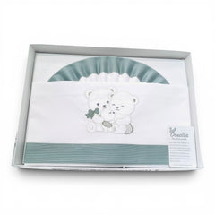 Ornella Coordinato Carrozzina 100% Cotone Ricamo Teddy Family Lenzuola Sopra Sotto e Federa