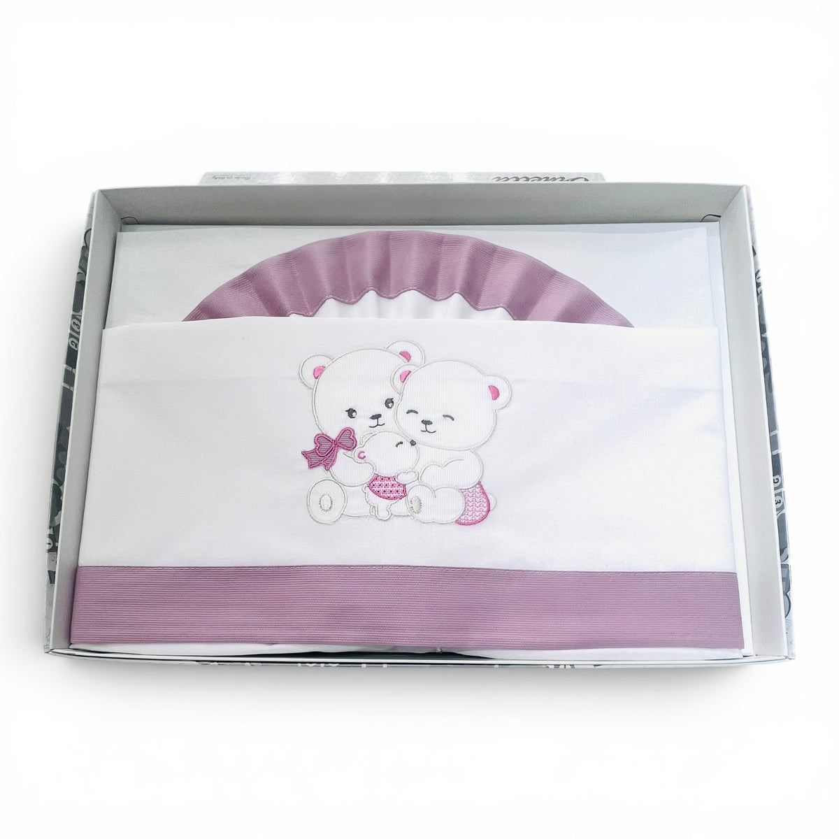 Ornella Coordinato Carrozzina 100% Cotone Ricamo Teddy Family Lenzuola Sopra Sotto e Federa