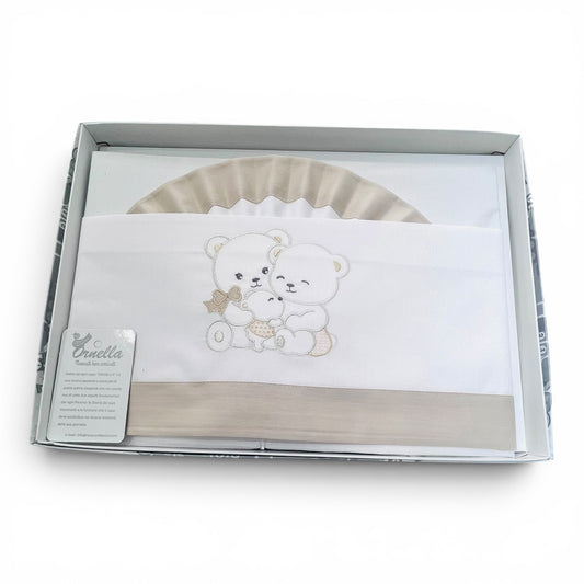 Ornella Coordinato Carrozzina 100% Cotone Ricamo Teddy Family Lenzuola Sopra Sotto e Federa