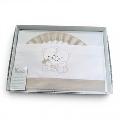 Ornella Coordinato Carrozzina 100% Cotone Ricamo Teddy Family Lenzuola Sopra Sotto e Federa