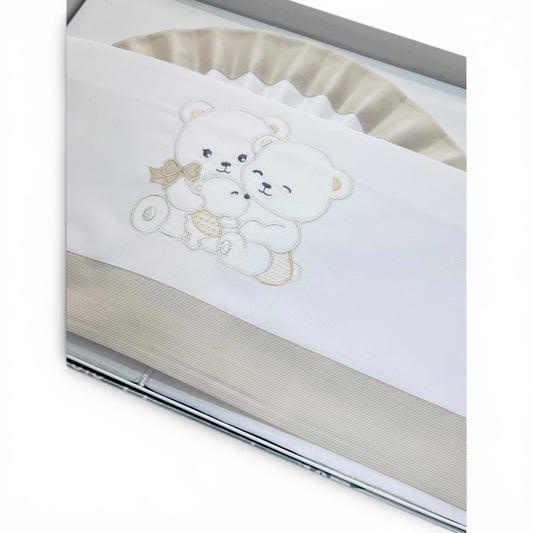 Ornella Coordinato Carrozzina 100% Cotone Ricamo Teddy Family Lenzuola Sopra Sotto e Federa
