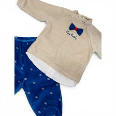 Pierre Cardin Limited Edition Tutina Due Pezzi in Ciniglia Da Maschietto con Papillon e Finta Camicia