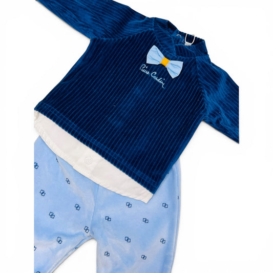 Pierre Cardin Limited Edition Tutina Due Pezzi in Ciniglia Da Maschietto con Papillon e Finta Camicia
