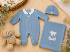 Klaiadì Set Nascita Tre Pezzi in Morbido Tessuto Anallergico Lavorazione in Maglia Tutina Coperta e Cappellino