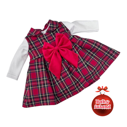 Abitino Natalizio in Tartan Con fiocco in Velluto e Maglia Da Neonata