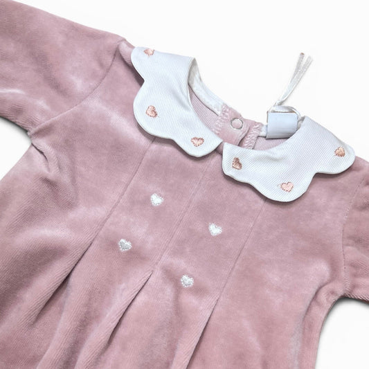 Klaiadì Tutina in Ciniglia Con Colletto in Piquet Ricami Cuoricini Da Neonata