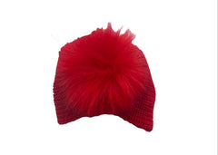 Turbante Rosso in lana Mordida con Pom Pon in Pelliccia Da Neonata