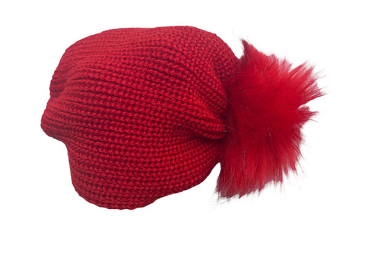 Turbante Rosso in lana Mordida con Pom Pon in Pelliccia Da Neonata