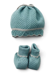 Pappa e Latte Cappellino e Scarpine in Lana Verde Salvia con Fiocco Da Neonata