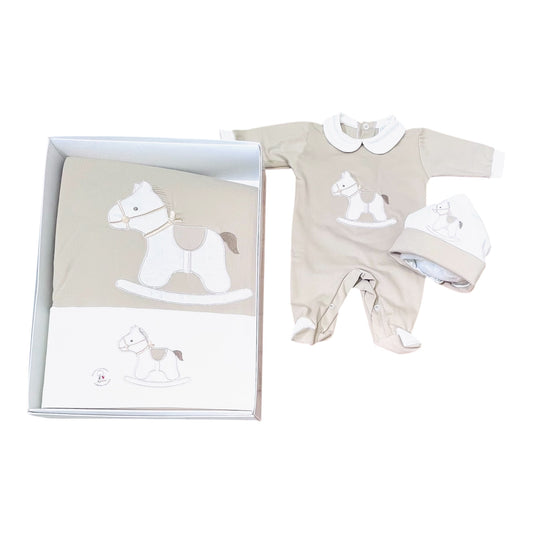 Tenerotti Coordinato Passeggino Lenzuola e Copertina in Cotone Nascita Con Ricamo Cavallo a Dondolo Beige