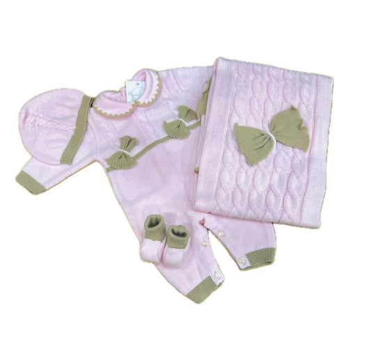 Prime Emozioni Set Nascita Completo Due Pezzi Scialle Cappellino Scarpine in Lana Con Fiocchi