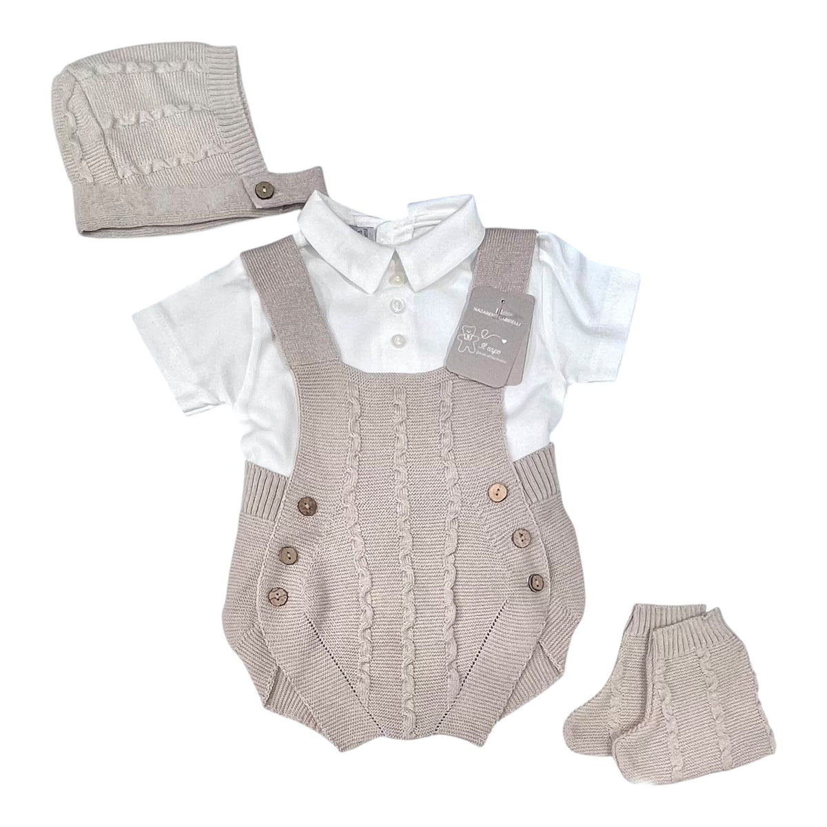 Nazareno Gabrielli Set In Filo Pagliaccetto-Camicia-Cuffietta-Scarpine (Copia)