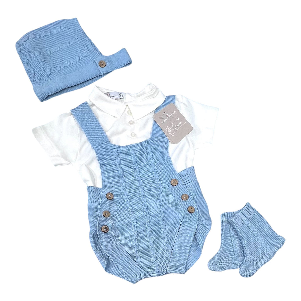 Nazareno Gabrielli Set In Filo Pagliaccetto-Camicia-Cuffietta-Scarpine (Copia)
