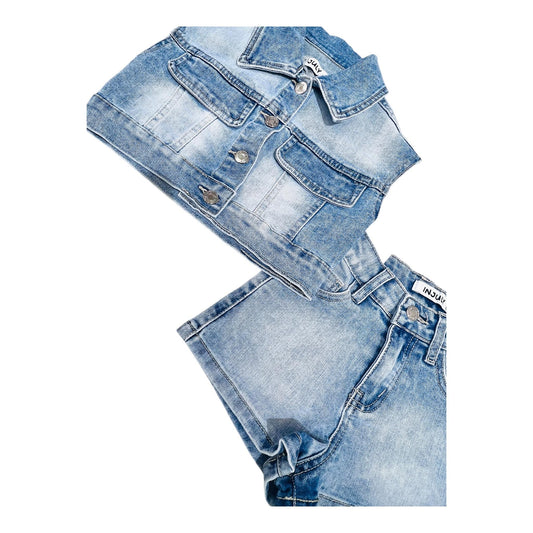 Giubbino Smanicato con Short Completo in Jeans Neonata