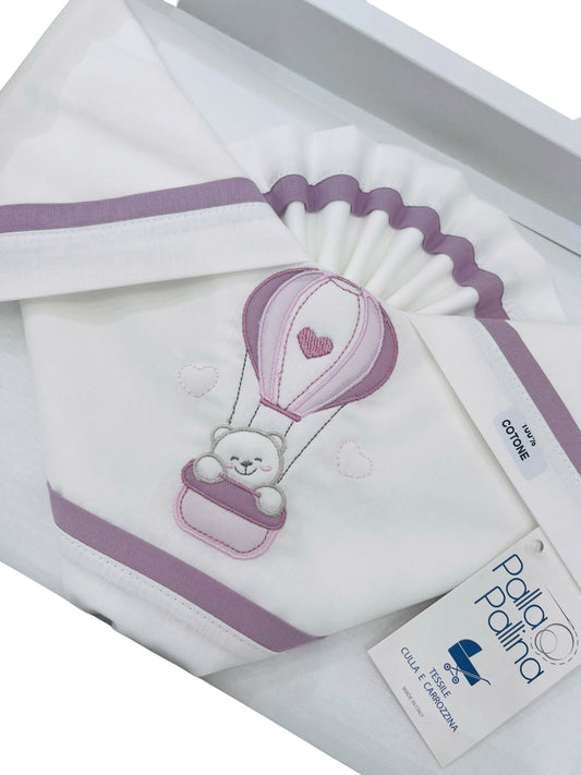 Palla Pallina Set Tre Pezzi Di Lenzuola Ricamate Per Carrozzina 100% Cotone misura 90x120