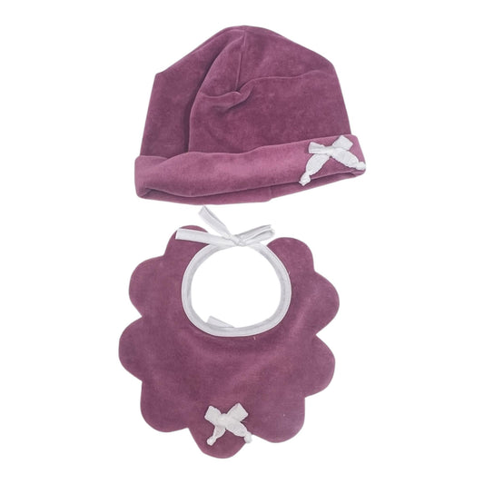 Klaiadì Cappellino e Bavetta in Ciniglia Con Fiocco Da Neonata