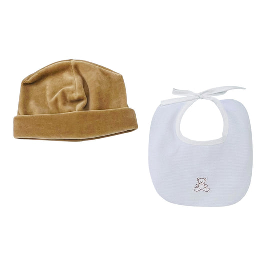 Klaiadì Set Cappellino in Ciniglia e Bavetta Ricamata in Piquet da Neonato (Copia)