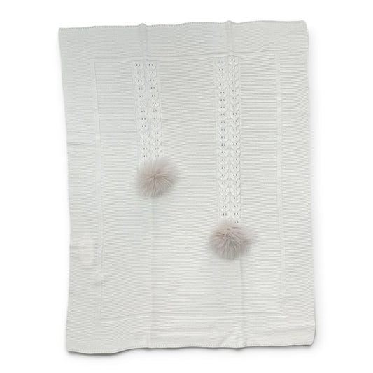 Pappa e Latte Coperta in Misto Lana Con Dettaglio trecce in Lana e Pon Pon in Pelliccia