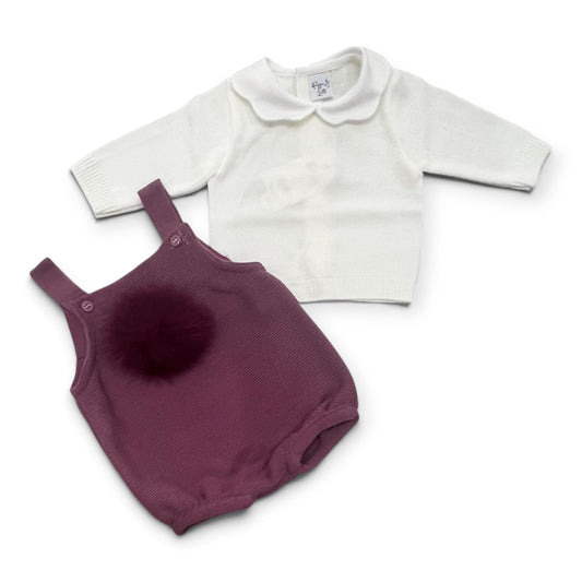 Pappa e Latte Pagliacetto 2 Pz Salopette+Maglia Dettaglio Pon Pon in Pelliccia