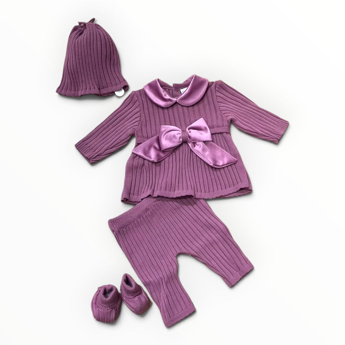 Pappa e Latte Completo Lana Due Pezzi Nascita con Fiocco in Velluto