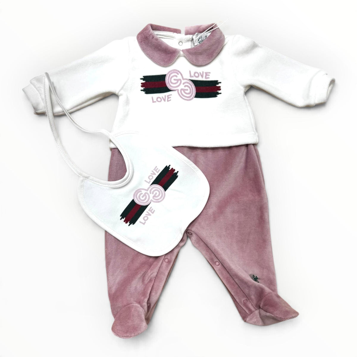 G. Gucci Tutina e Bavetta in Ciniglia Da Neonata