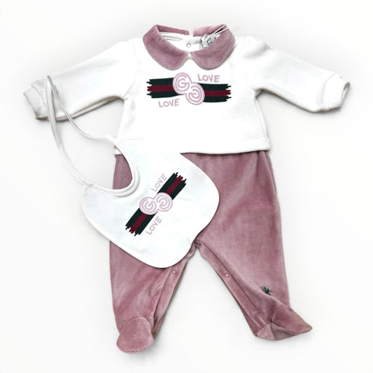 G. Gucci Tutina e Bavetta in Ciniglia Da Neonata