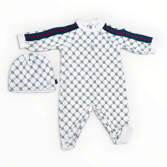 G. Gucci Set Tutina e Cappellino in Felpa Logata con Fascia Web sulle Braccia Da Neonati