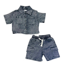 Completo Jeans Denim Da Neonato Camicione e Bermuda