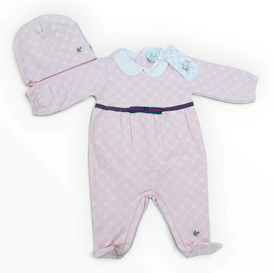G. Gucci Set Tutina in Felpa e Cappellino Logato con Fascia web e Fiocco Da Neonata